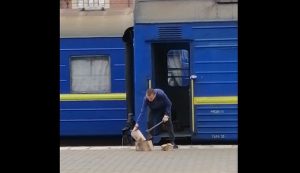 Курьез: проводнику поезда пришлось рубить дрова прямо на перроне (ВИДЕО)